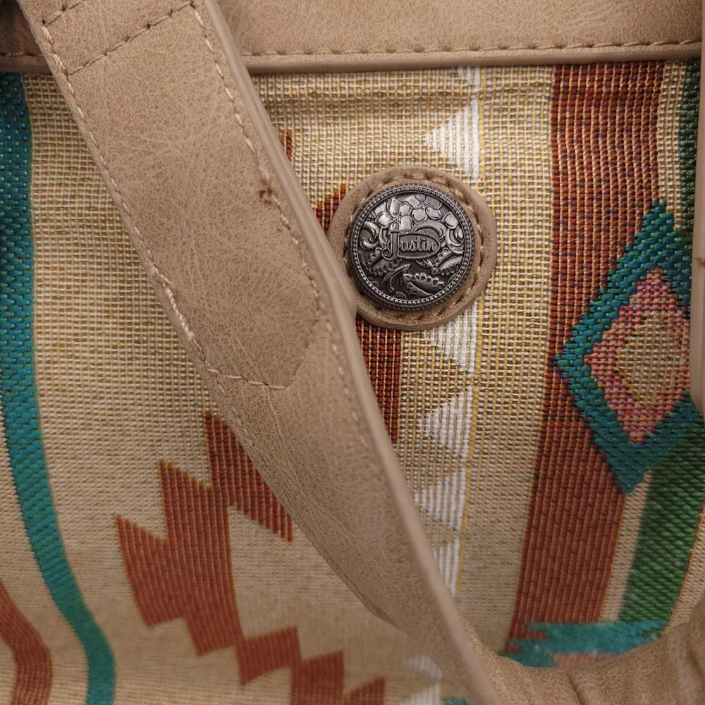 Justin Boots Southwestern Style Leather Backpack Purse Tan and Turquoise Bag